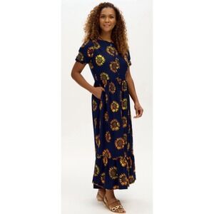 Sugarhill Brighton Tammy Batik Maxi Smock Dress Navy Sunflower US 6 NWT